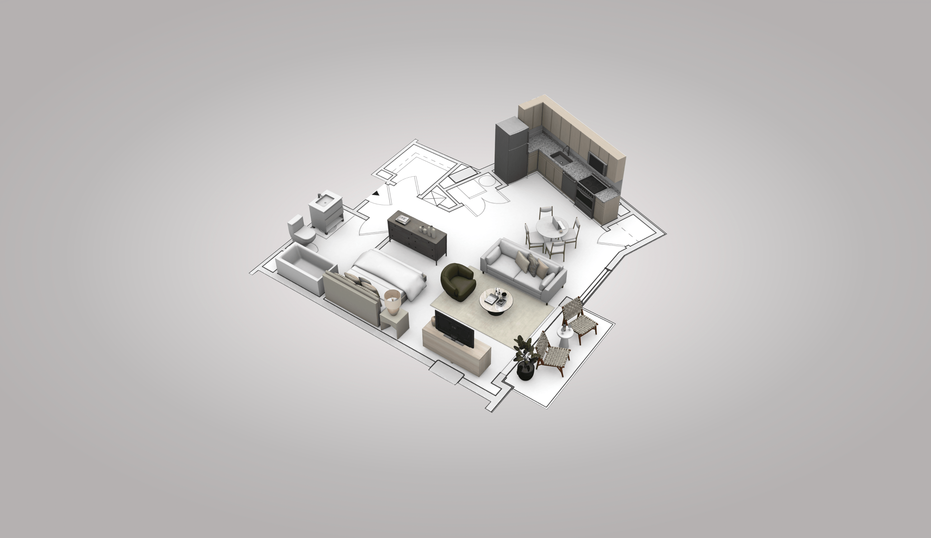 Floor plan for studio, 1 bath, 575 sqft